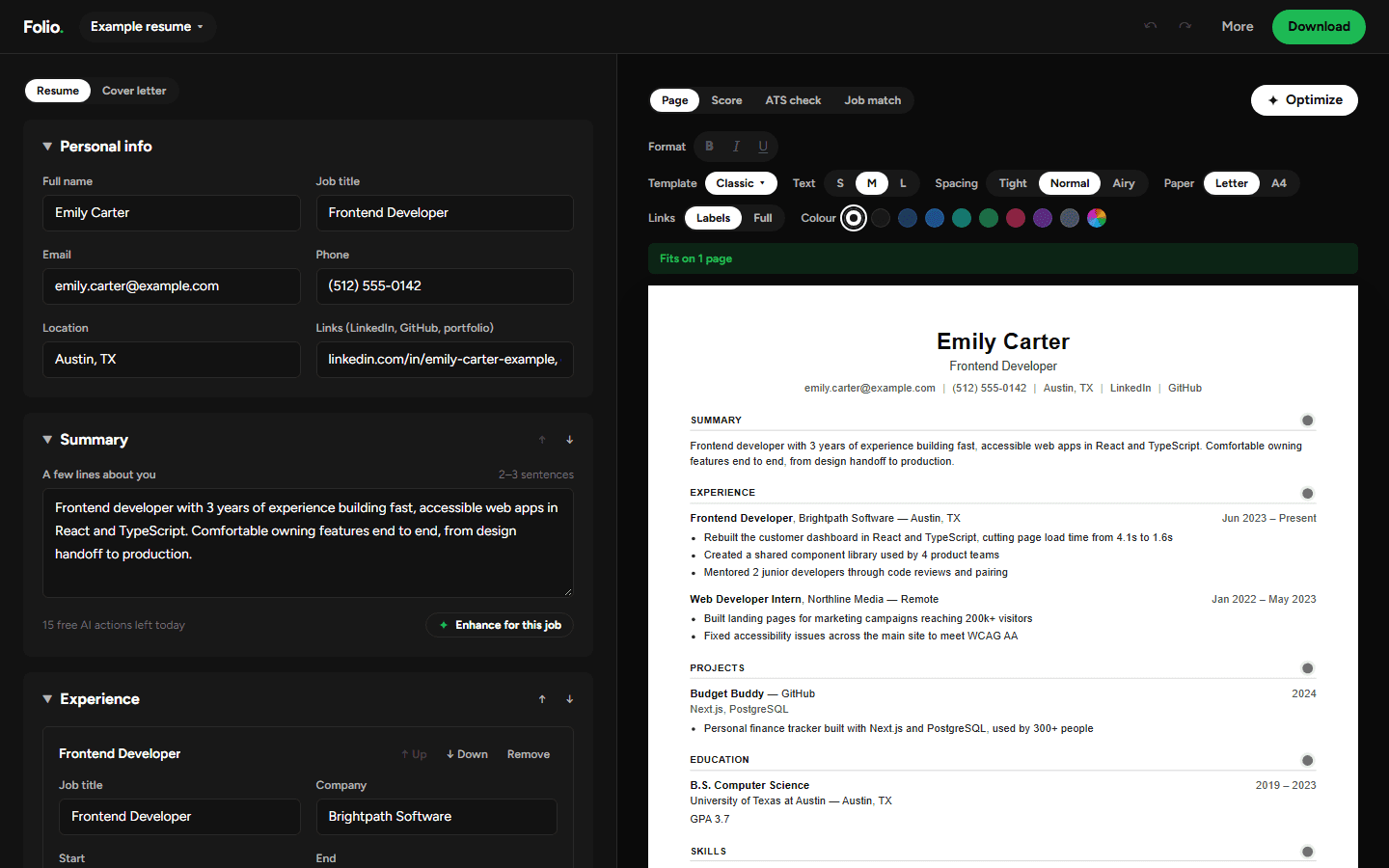 The Folio editor: a form on the left and the resume on a real page on the right