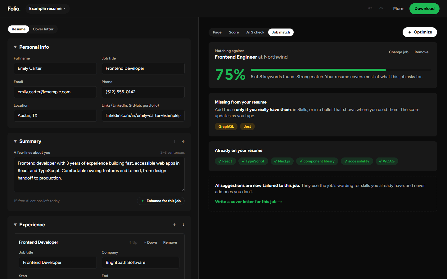 Job match: a 75% score, missing keywords GraphQL and Jest, and the keywords already on the resume